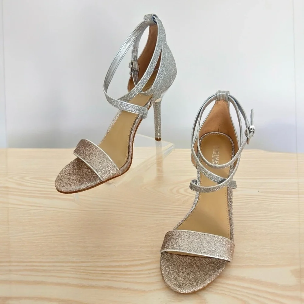 MICHAEL KORS Astrid 2-Tone Glitter Embellished Ankle Wrap Evening Sandal 37.5